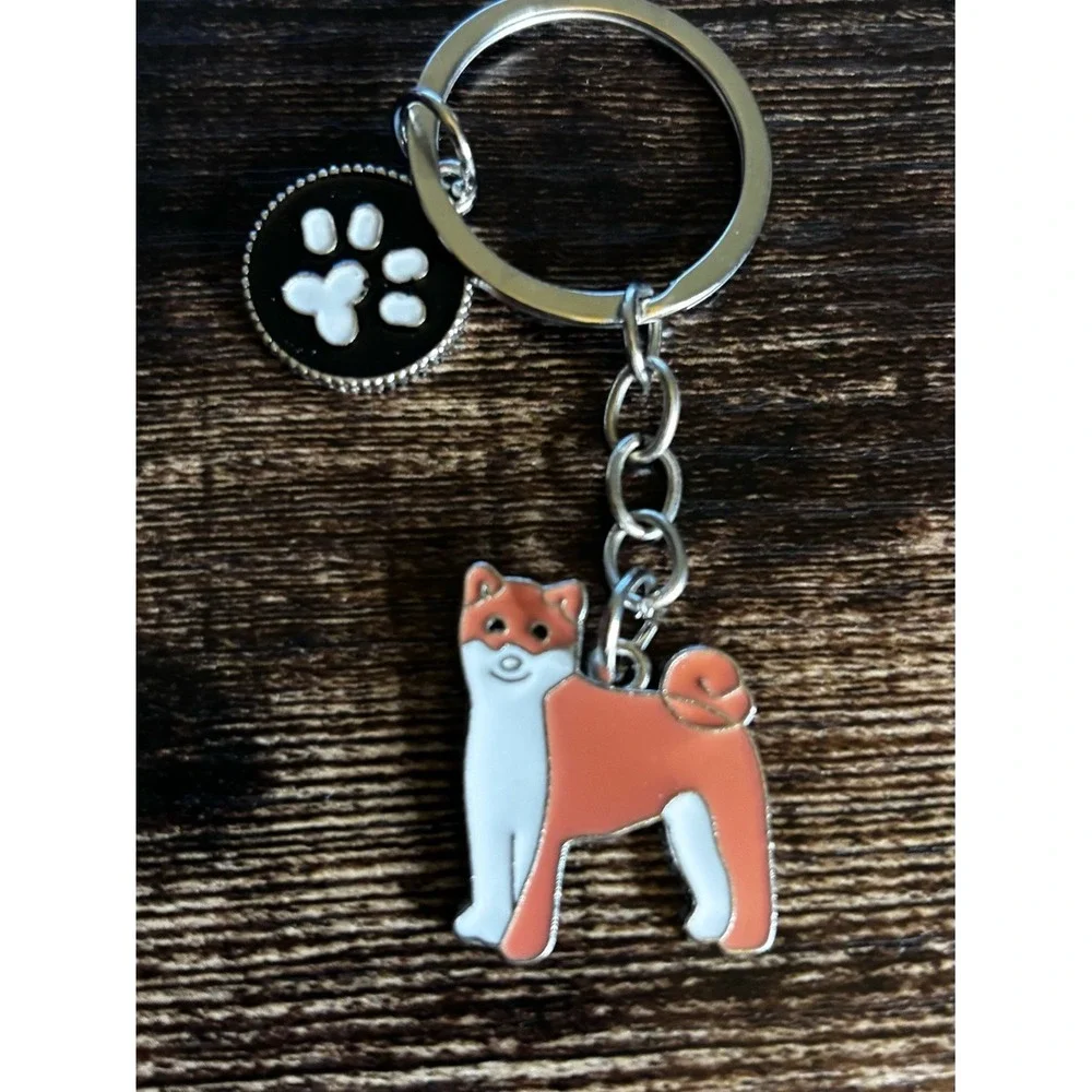 Shiba Inu Dog Keychain Orange White Enamel Paw Print Charm Silver Tone Pet Lover